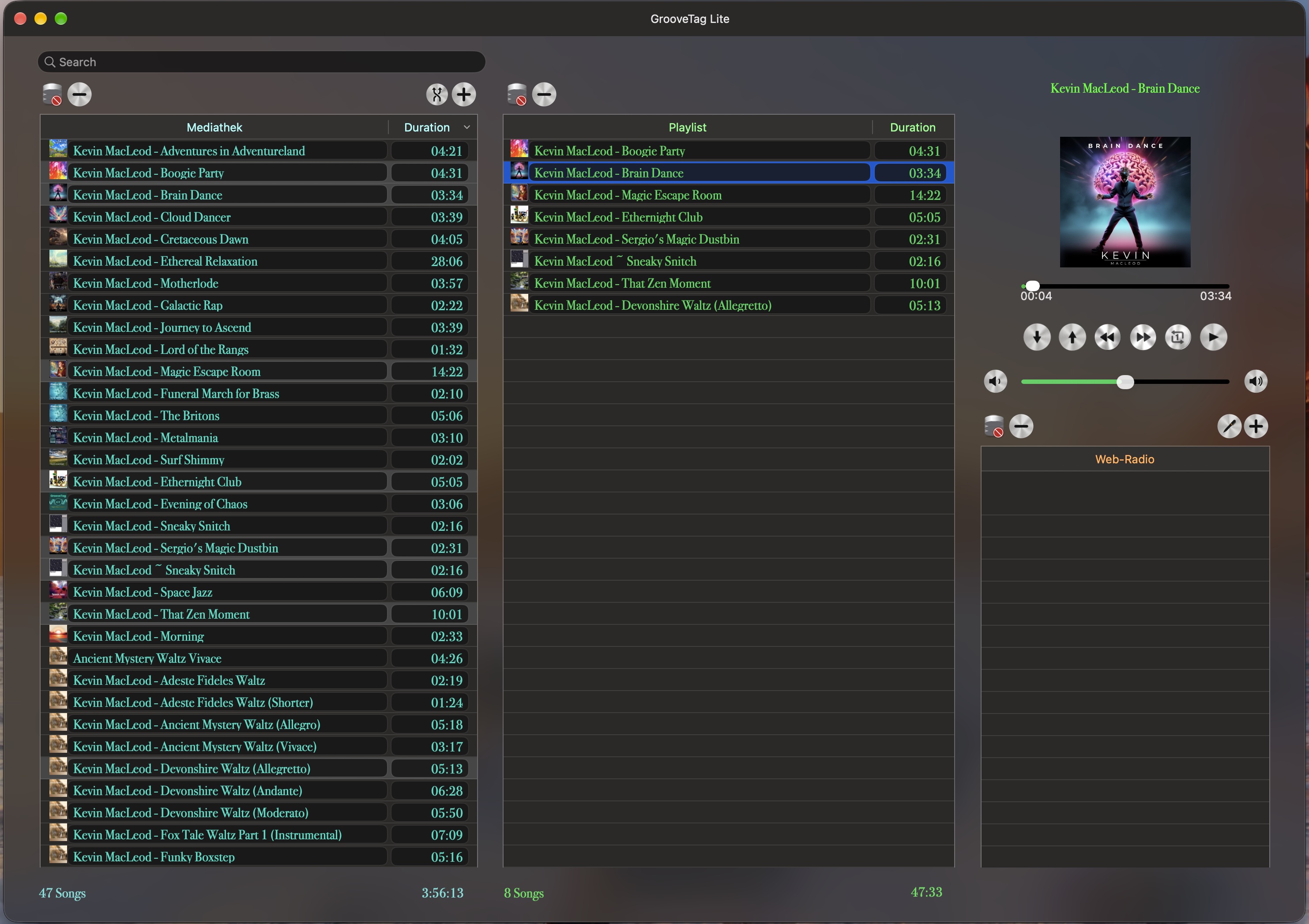 GrooveTag Lite Playlist-Ansicht mit MP3-Bibliothek und Player-Steuerung